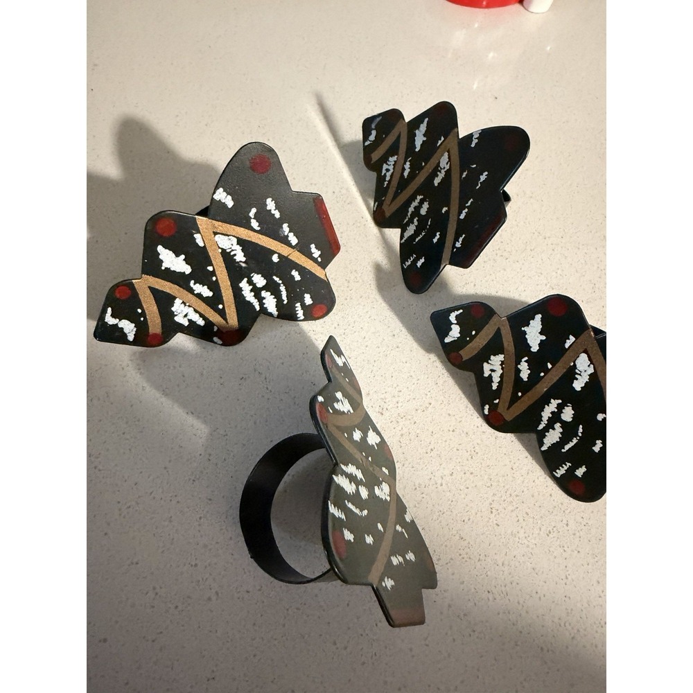 4 Christmas Tree Ugly Napkin Rings Dark Green Gold Red Metal 3¼" x 2½" Holiday